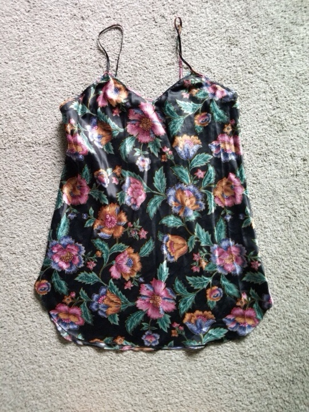 Floral Satin vintage slip- Black with Multicolor Flowers